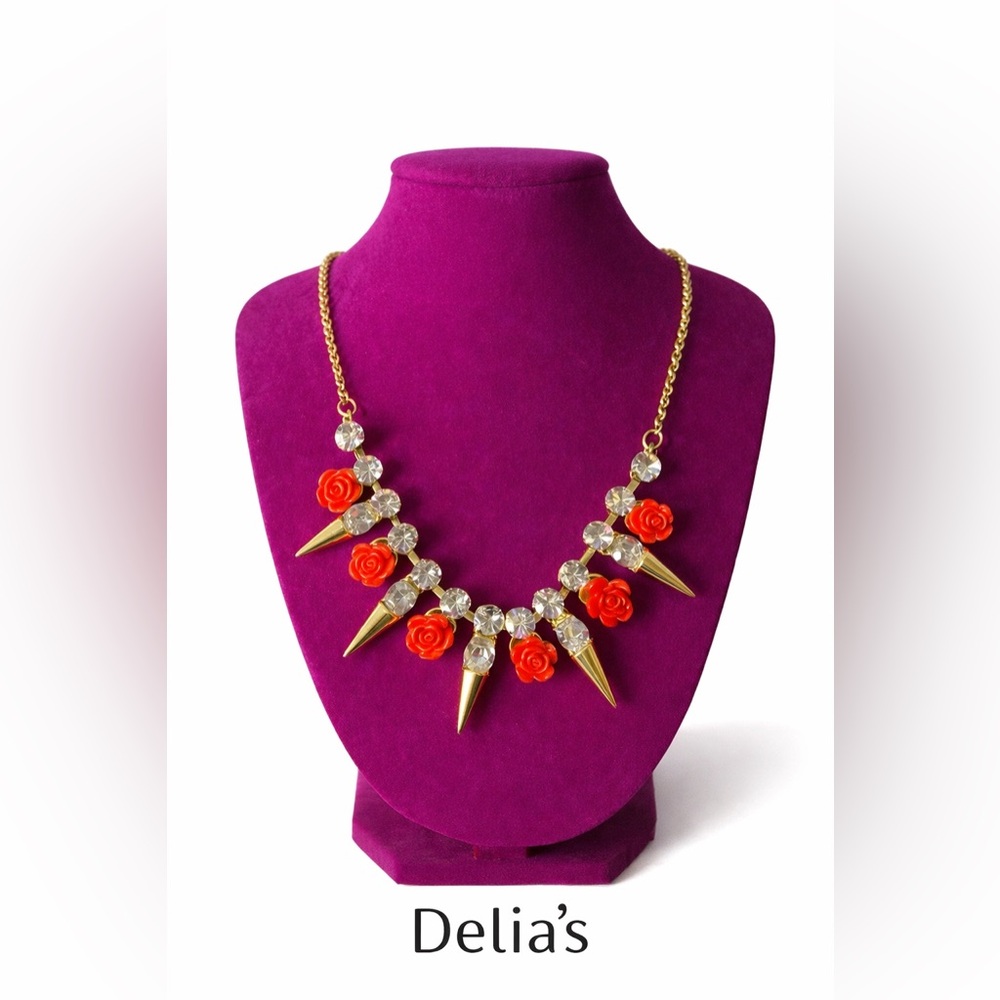 Delia’s Gold Orange Floral Statement Necklace Y2K Rhinestone Spike Glam 18”
